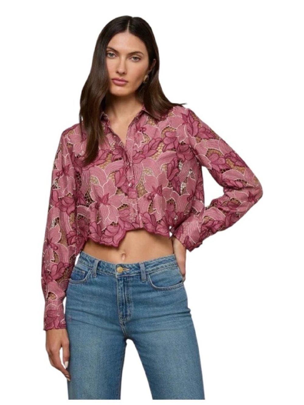 L’Agence Akron Womens Pink Floral Lace Crop Button-Up Top